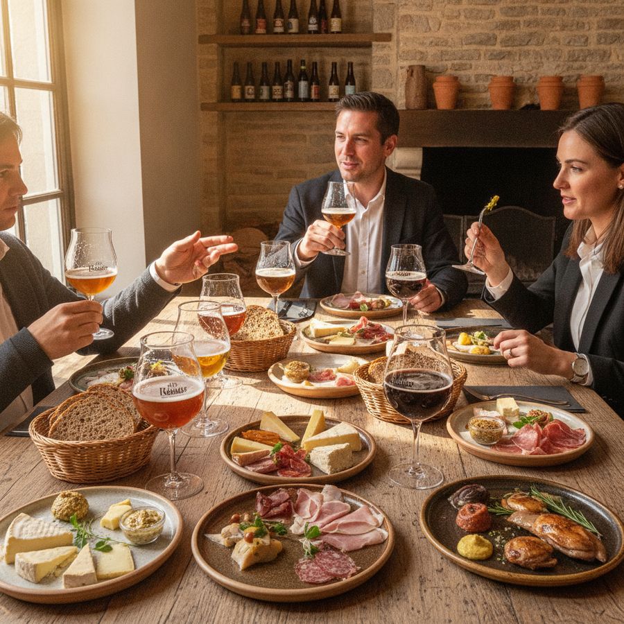 Gezellige tafel met Belgische bieren, kaas en kleine gerechten terwijl mensen samen proeven.