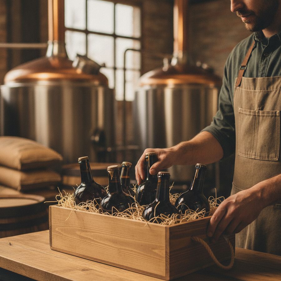 Ambachtelijke brouwer vult een geschenkdoos met diverse bierflessen in een kleine brouwerij.