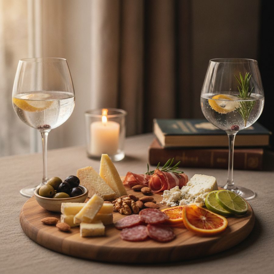 Proefopstelling met gin, tonic en kleine hapjes zoals kaas, olijven, noten en charcuterie op een serveerplank.