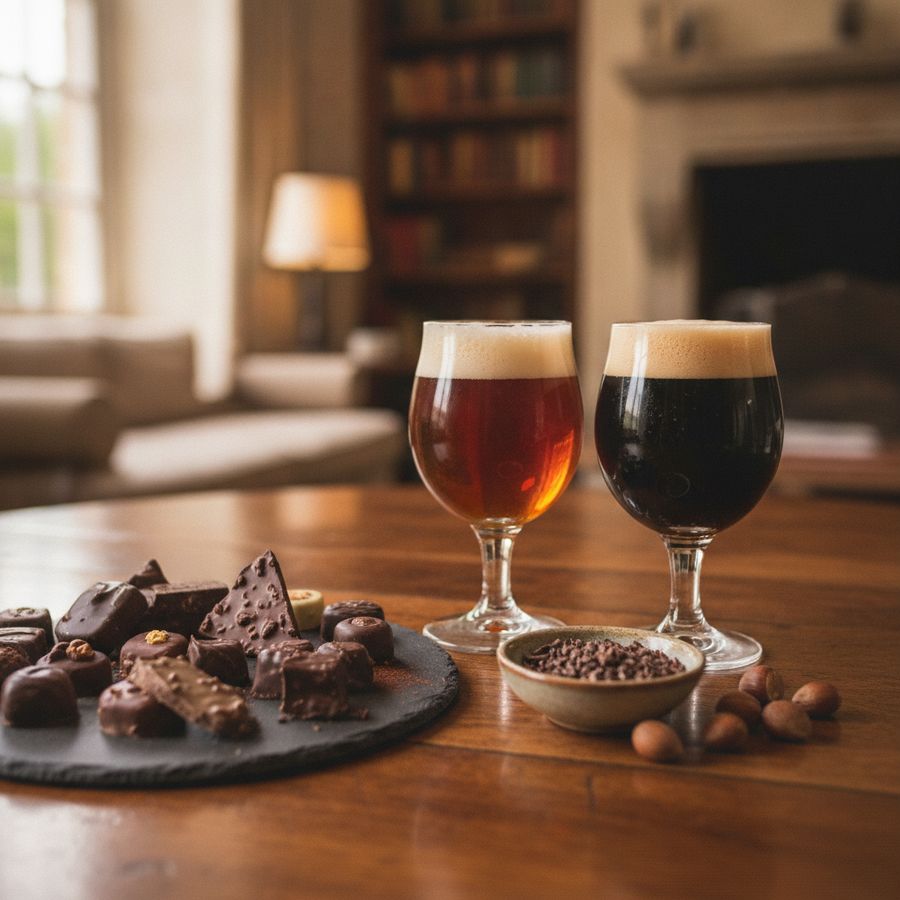 Glazen speciaalbier en stukjes chocolade liggen op een houten tafel in warm, helder licht.