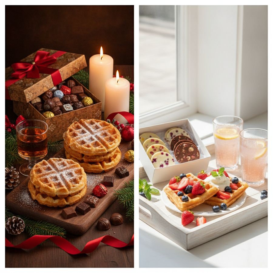 Seizoensopstelling met een warme winterbox en een lichtere zomerse selectie van wafels en chocolade.