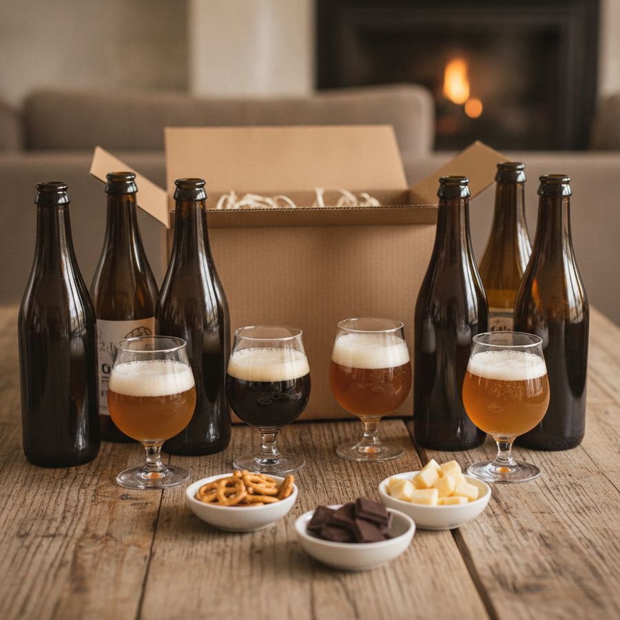Open proefpakket met verschillende bierflessen, kleine glazen en hapjes op een houten tafel.