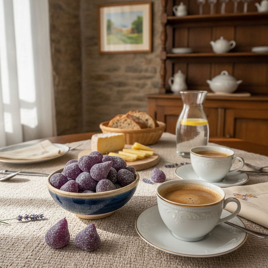Stijlvolle tafel met cuberdons in een kleine schaal naast koffie en servetten bij zacht daglicht.