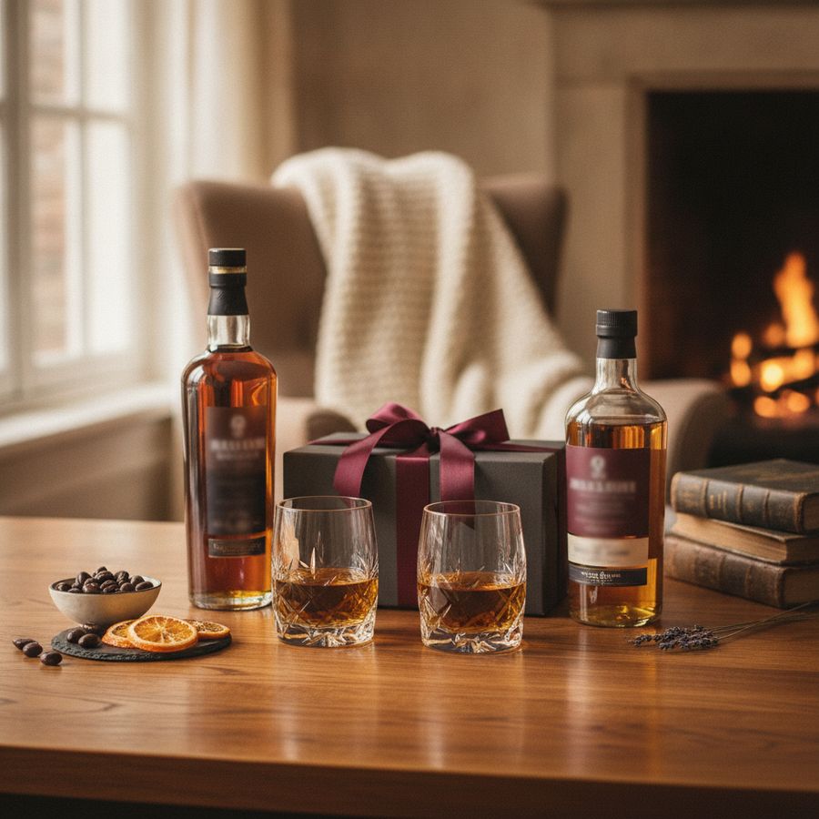 Twee whiskyflessen met glazen en geschenkdoos op een warme houten tafel in zacht daglicht.