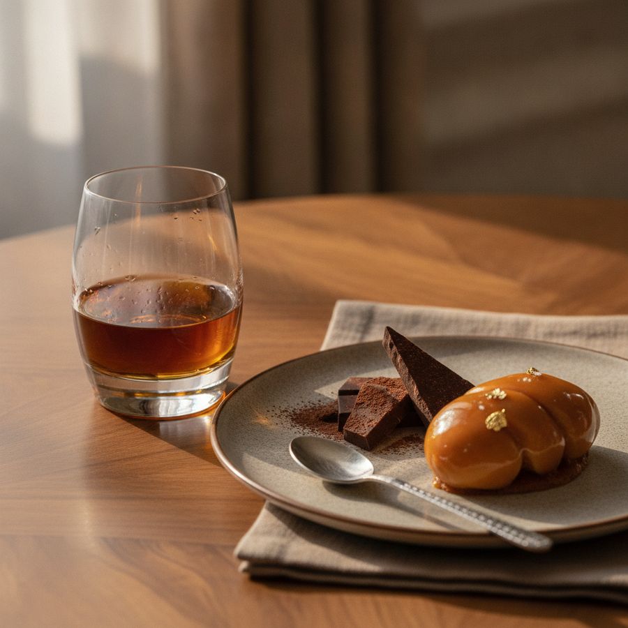 Glas whisky naast pure en melkchocolade en een dessert met karamelsaus op een verzorgd gedekte tafel.