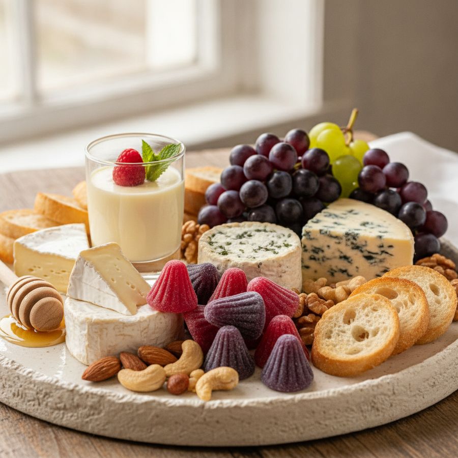 Dessert en kaasplank met cuberdons, noten, druiven en zachte kazen op stijlvol servies.