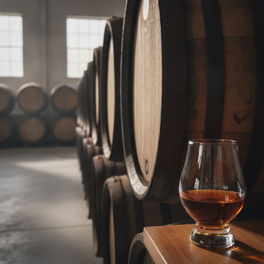 Eikenhouten vaten in een lichte distilleerderij met een glas amberkleurige drank op de voorgrond.