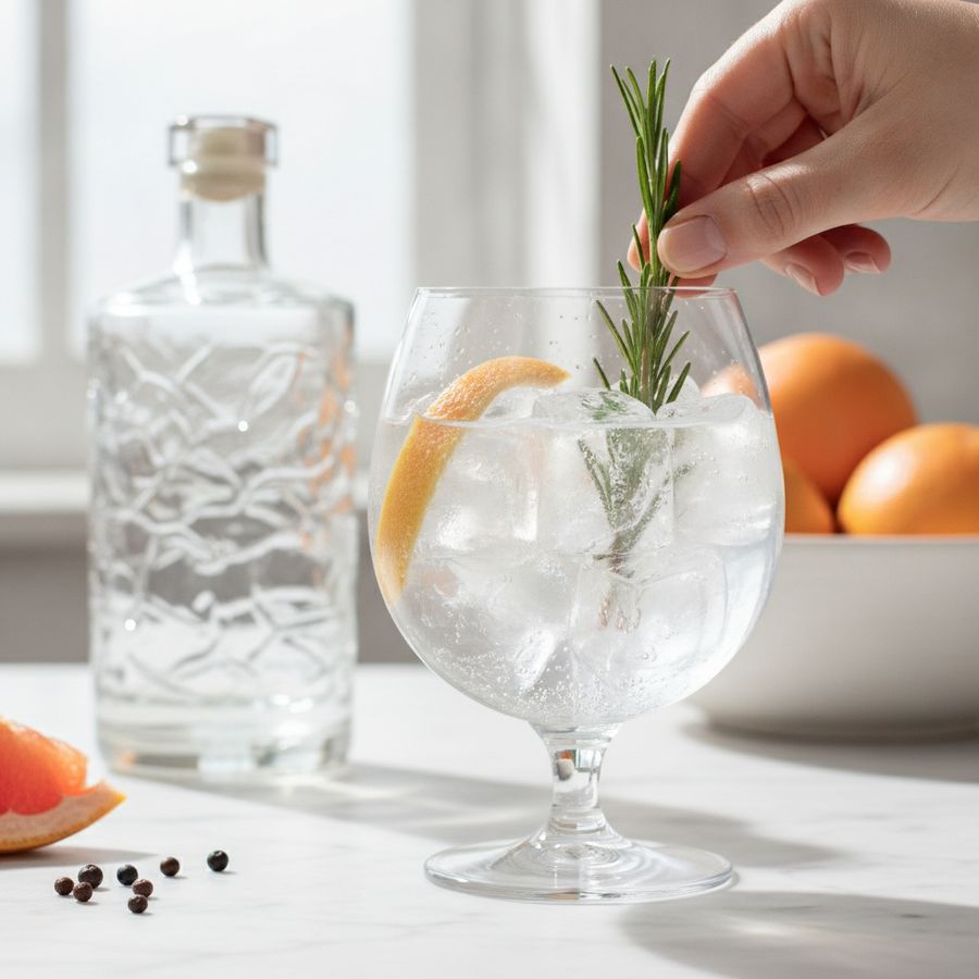 Hand voegt rozemarijn en pompelmoesschil toe aan een glas met grote ijsblokken en heldere gin-tonic.