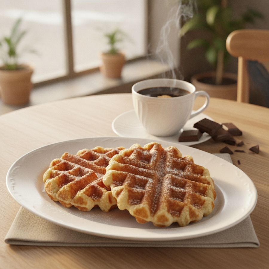 Wafels naast warme koffie en stukjes chocolade op een sfeervol verlichte tafel.