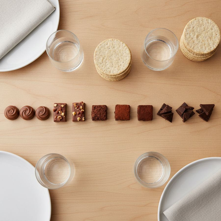 Net geordende rij chocolades met water en neutrale crackers op een lichte tafel.