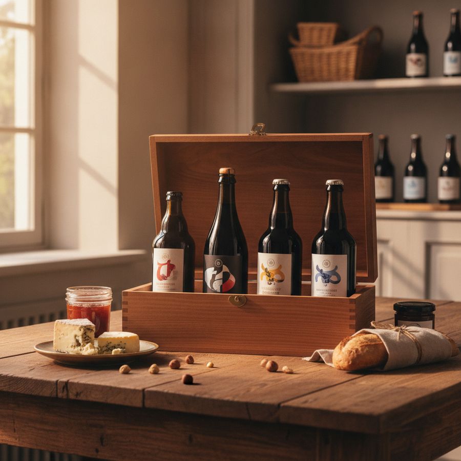 Open geschenkdoos met Belgische bierflessen en streekproducten op een houten tafel in warm daglicht.