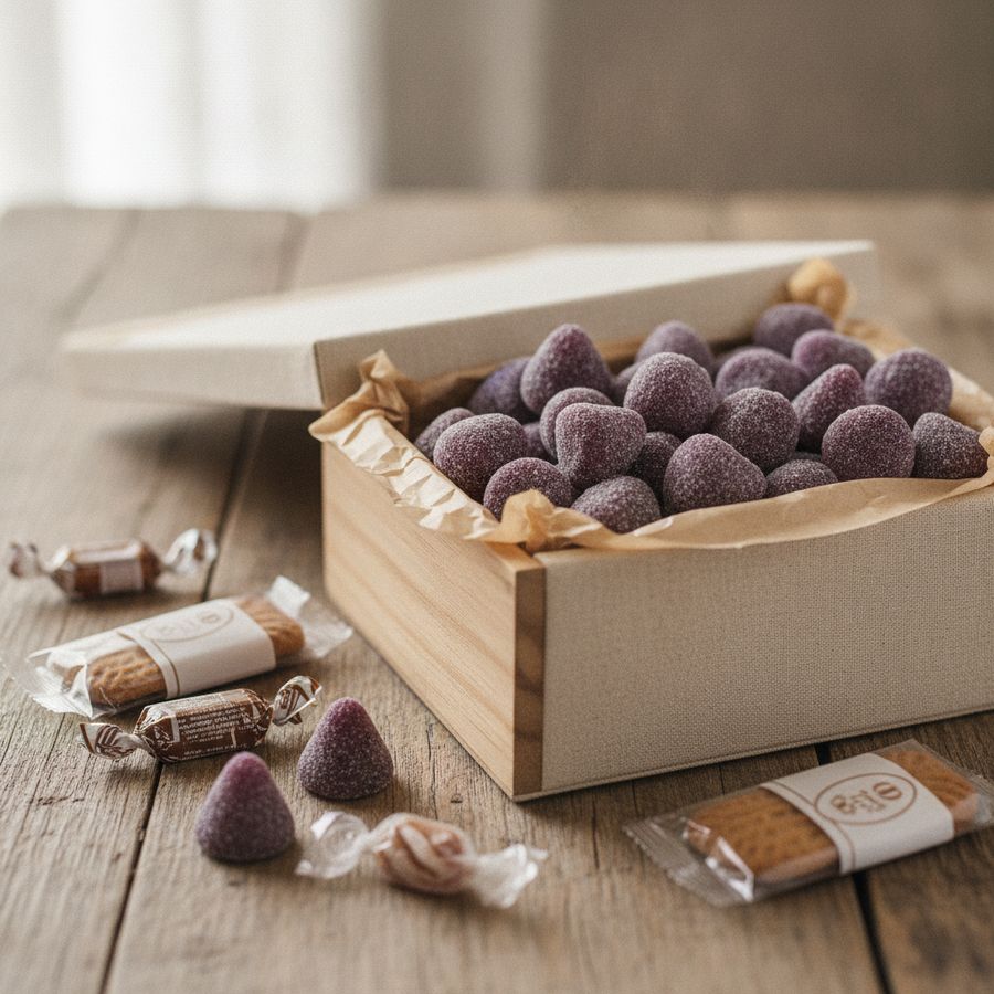 Paarse cuberdons liggen in een open geschenkdoos op een houten tafel met warme, zachte belichting.