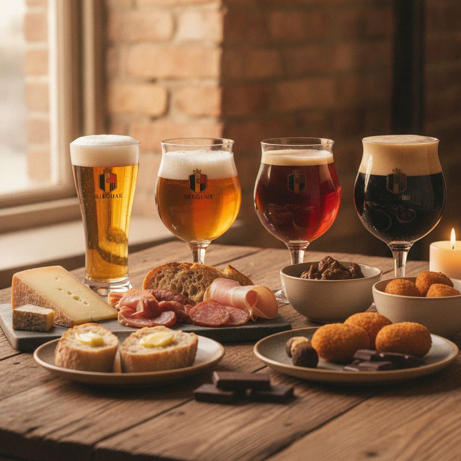 Proeftafel met verschillende bieren, kaas, charcuterie en kleine gerechten in warm licht.