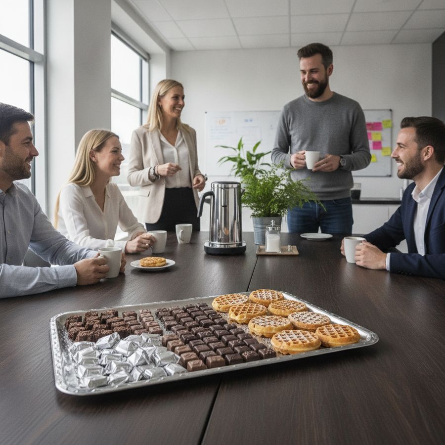 Collega's delen kleine porties chocolade en wafels bij een lichte koffietafel op kantoor.
