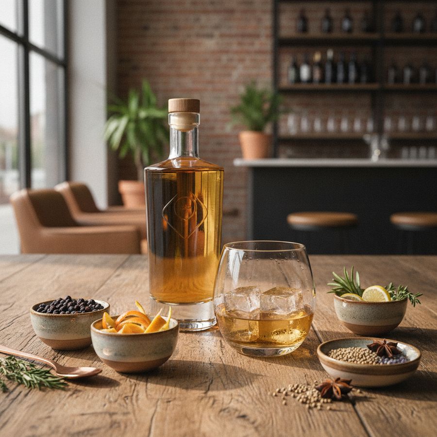 Craft gin met ijs, jeneverbessen, citrusschillen en kruiden op een houten tafel in zacht daglicht.