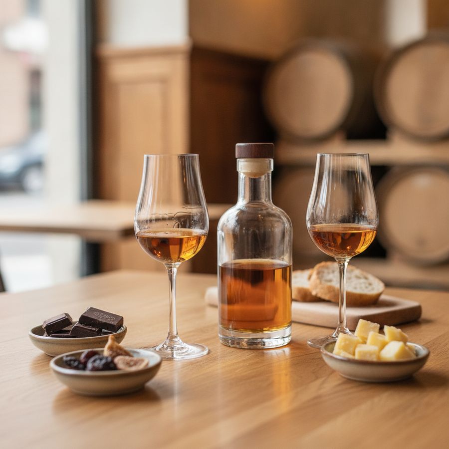 Twee glazen amberkleurige drank op een houten tafel met chocolade en kaas in warm licht.