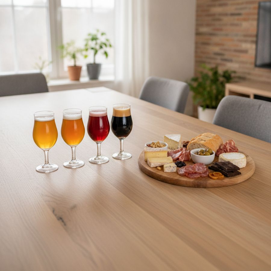 Proefopstelling thuis met kleine bierglazen, kaas, brood, vleeswaren en chocolade op een houten tafel.