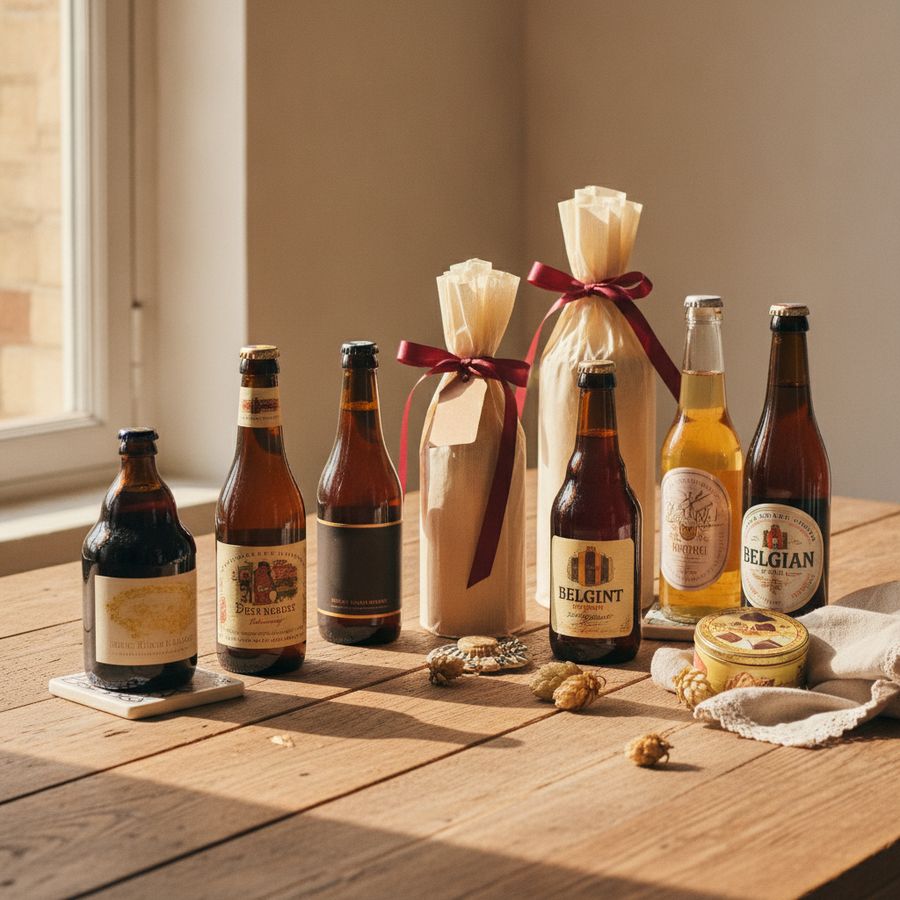 Selectie Belgische bierflessen in een verzorgd geschenkpakket op een houten tafel bij daglicht.