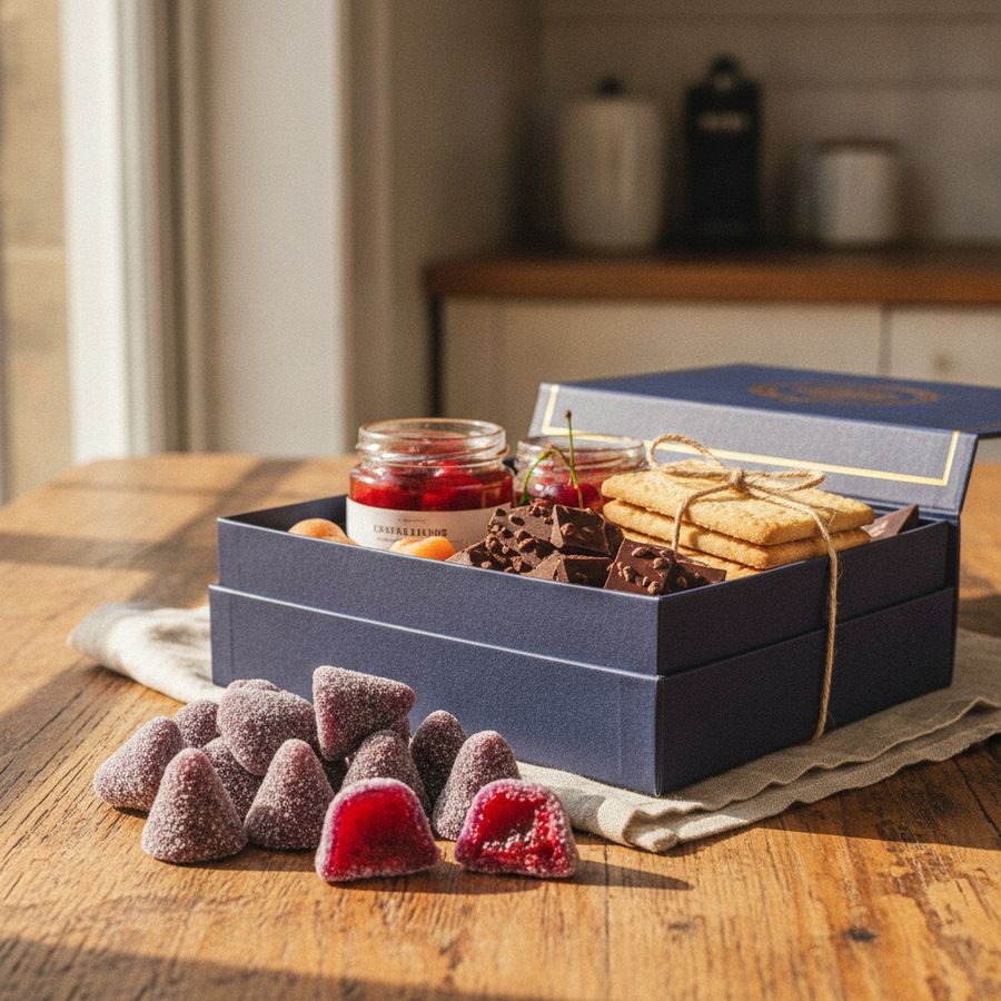 Open geschenkdoos met cuberdons en Belgische streekproducten op een houten tafel bij zacht daglicht.