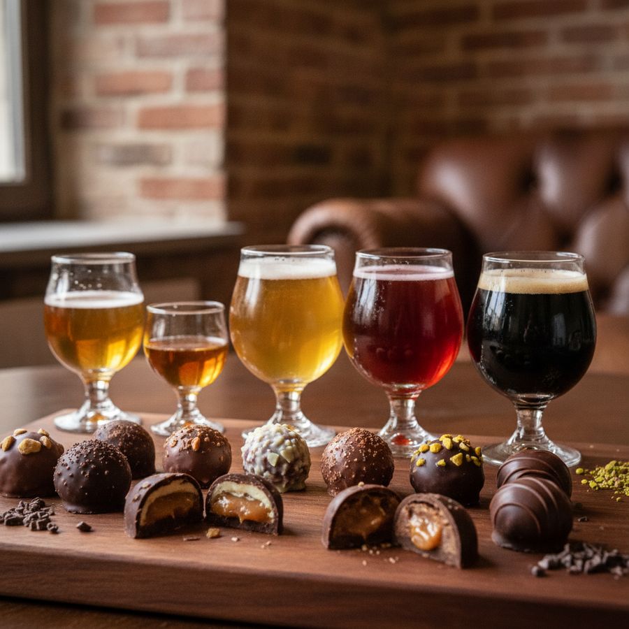 Assortiment pralines met kleine proefglazen bier op een verzorgde plank in een lichte setting.