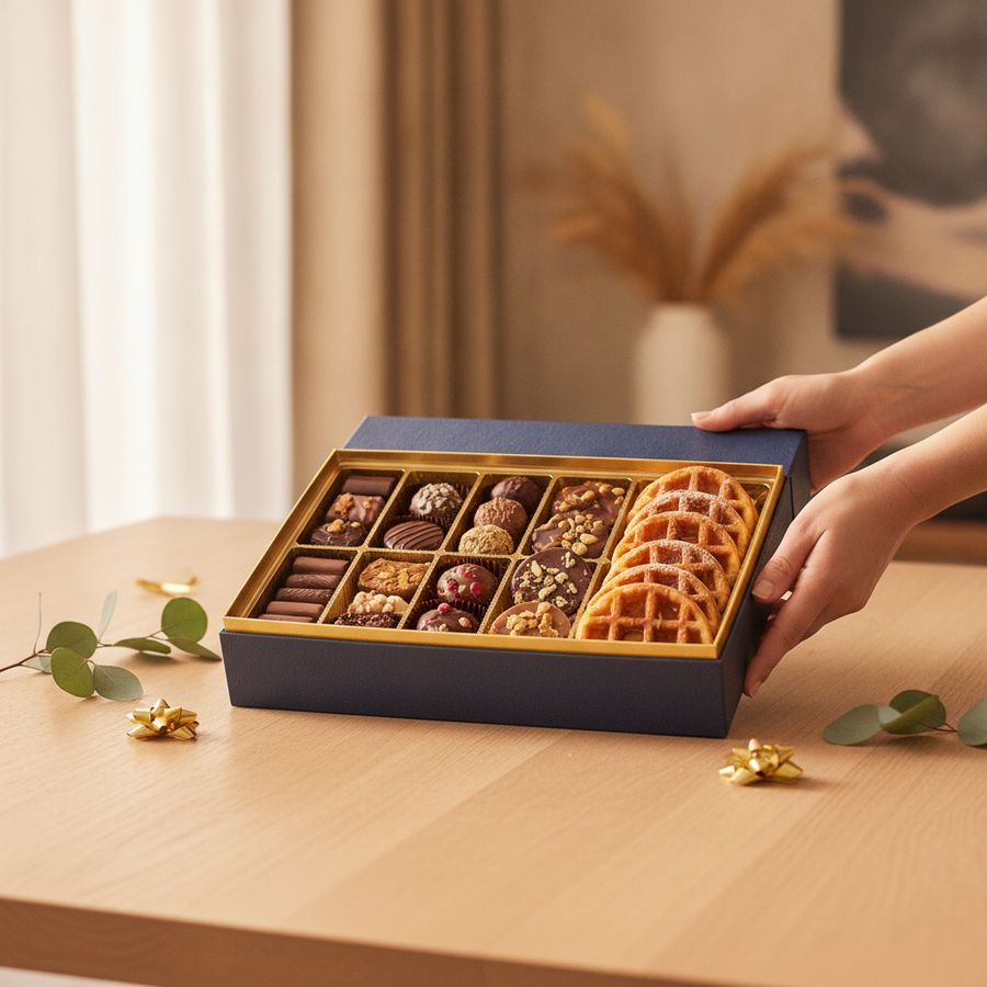 Open geschenkdoos met chocolade en wafels op tafel, warm licht en handen die het cadeau aanbieden.