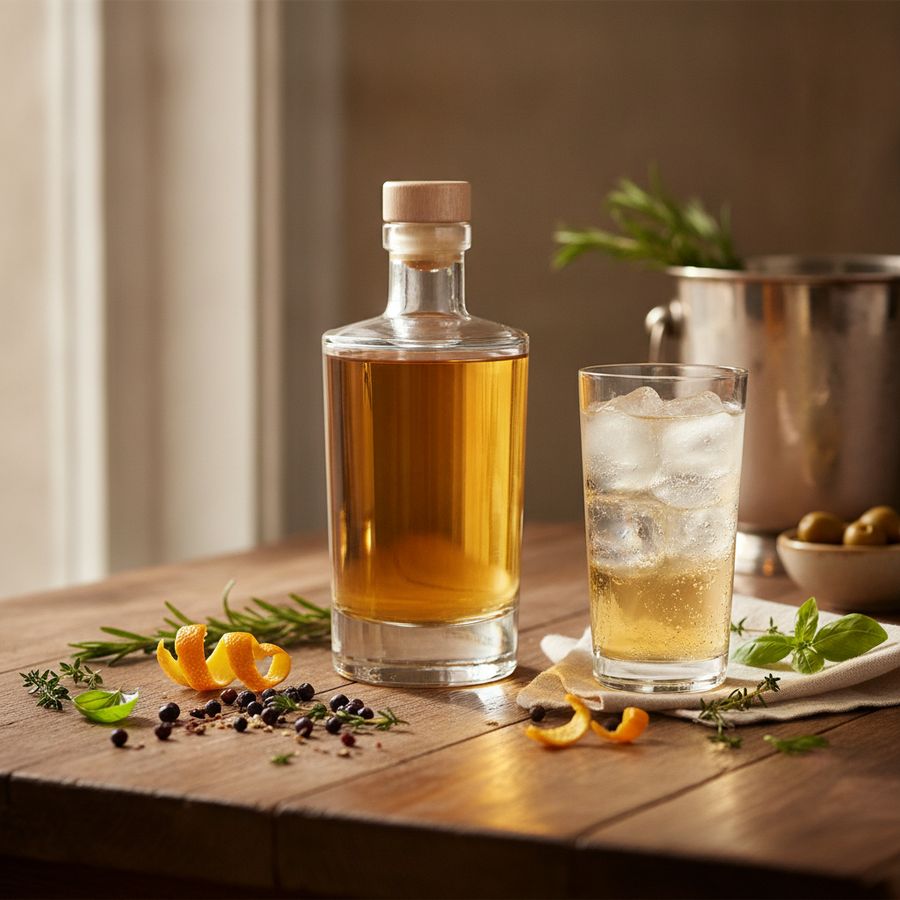 Stijlvolle fles gin met gevuld glas, citrus, jeneverbessen en kruiden op een houten tafel in zacht daglicht.