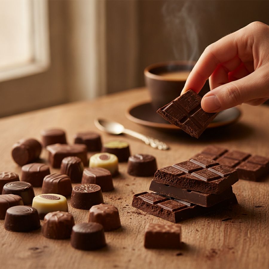 Persoon ruikt aan een stukje chocolade naast pralines en gebroken tabletten op een houten tafel.
