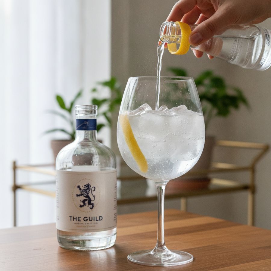 Hand schenkt tonic in een groot glas met ijs en citrusgarnish naast een fles ambachtelijke gin.