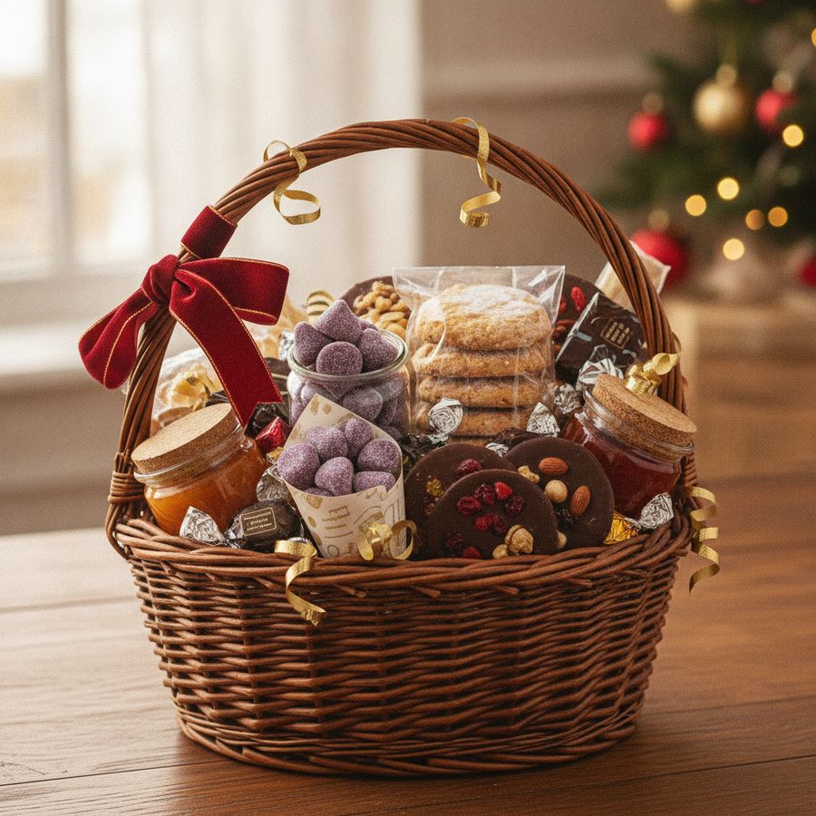 Feestelijk geschenkpakket met cuberdons, koekjes en andere lekkernijen in een stijlvolle mand.