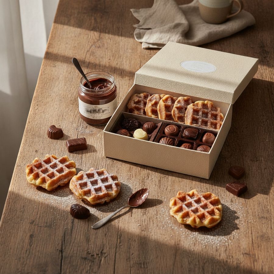 Open geschenkdoos met wafels, chocolade en chocopasta op een houten tafel in warm daglicht.