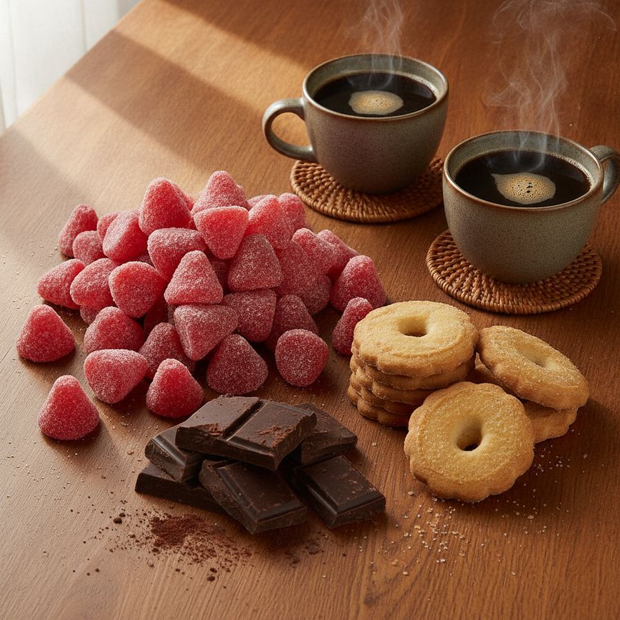 Cuberdons met pure chocolade, koekjes en koffie op een houten tafel in een gezellige setting.