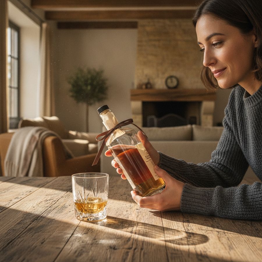Warme tafel met single malt, whiskyglas en een persoon die een ingepakte fles aandachtig bekijkt.