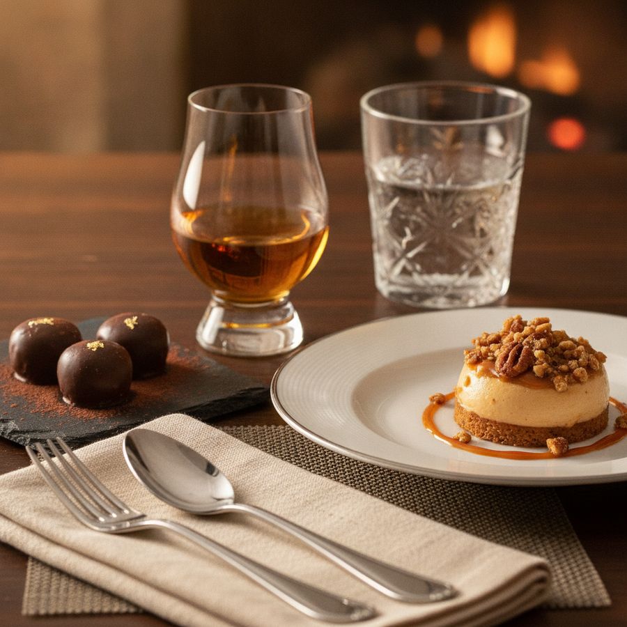 Glas whisky naast ambachtelijke chocolade en een dessert met karamel en noten op een stijlvol gedekte tafel.