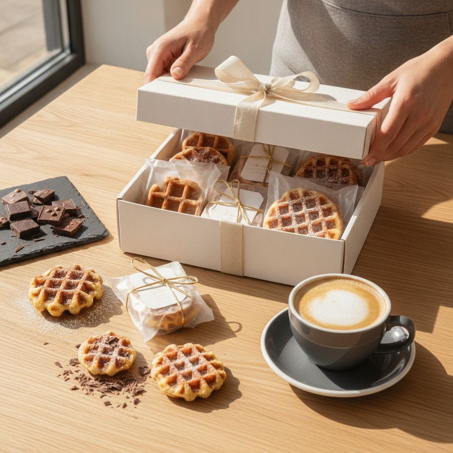 Open geschenkdoos met wafels, koffie en chocolade op een lichte tafel in warme dagsfeer.