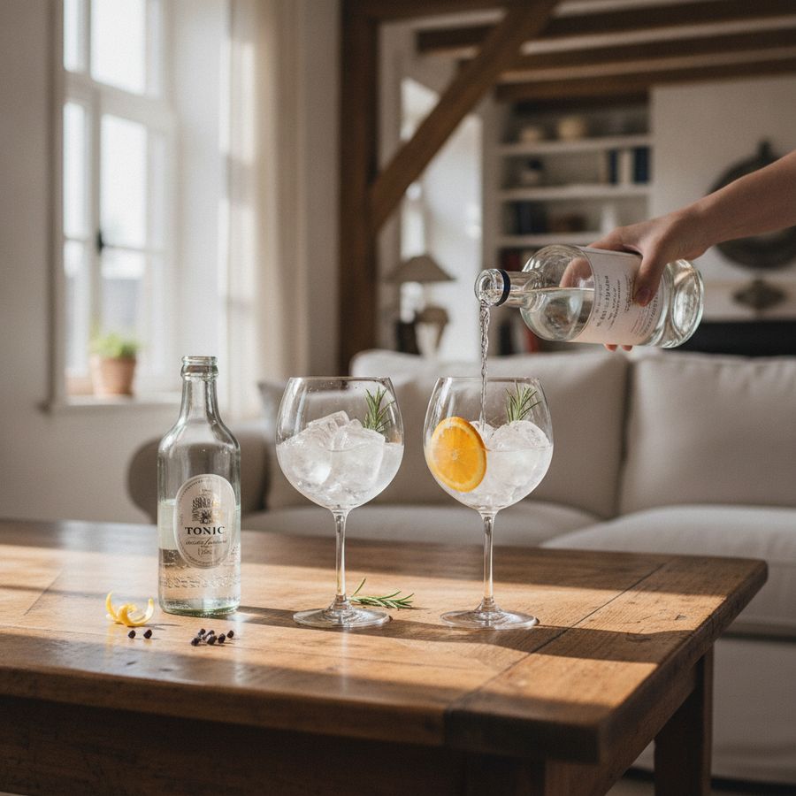 Twee glazen gin-tonic met ijs en citrus op een houten tafel in een warm verlichte woonruimte.